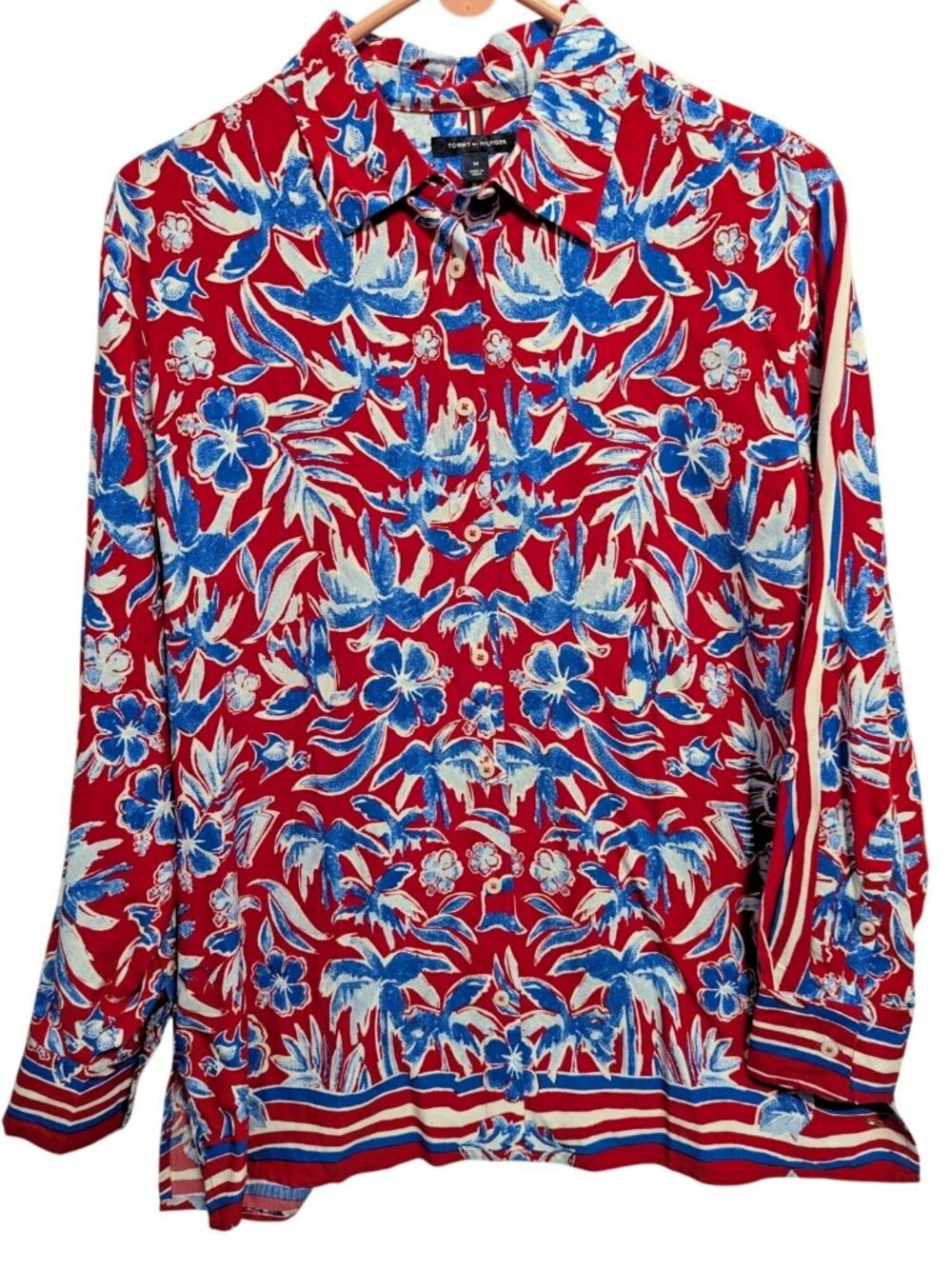 Tommy Hilfiger Women M Floral Button Up Shirt Lightweight Long Sleeve Red Blue
